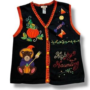 Vintage Yarnworks Halloween Sweater Vest Felt Applique Embroidery Beading Medium